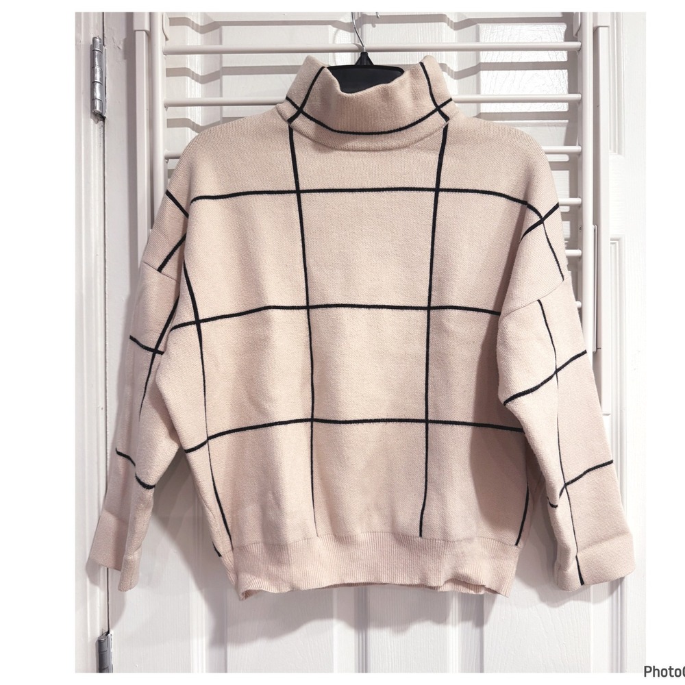Davi & Dani Cream Grid Print Mockneck Sweater Cottagecore Medium